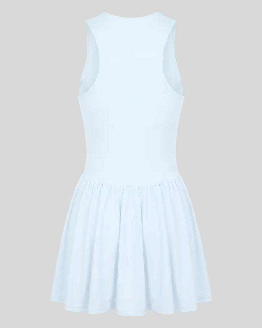 Athlesi CourtClub Full-Zip Dress in Water Blue, 3D back view showing sleeveless silhouette and gathered flared skirt.