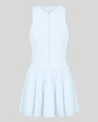 Athlesi CourtClub Full-Zip Dress in Water Blue, 3D front view with sleeveless fitted bodice and flared skirt.