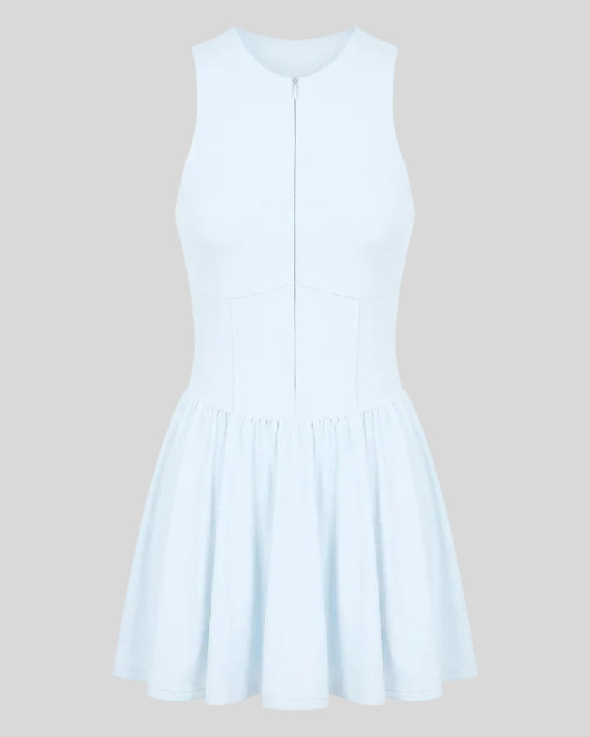 Athlesi CourtClub Full-Zip Dress in Water Blue, 3D front view with sleeveless fitted bodice and flared skirt.
