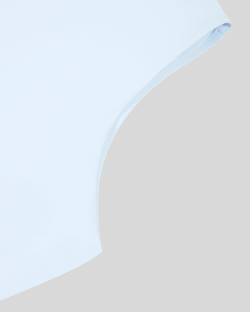 Athlesi CourtClub Full-Zip Dress in Water Blue, closeup of sleeveless armhole and side construction.
