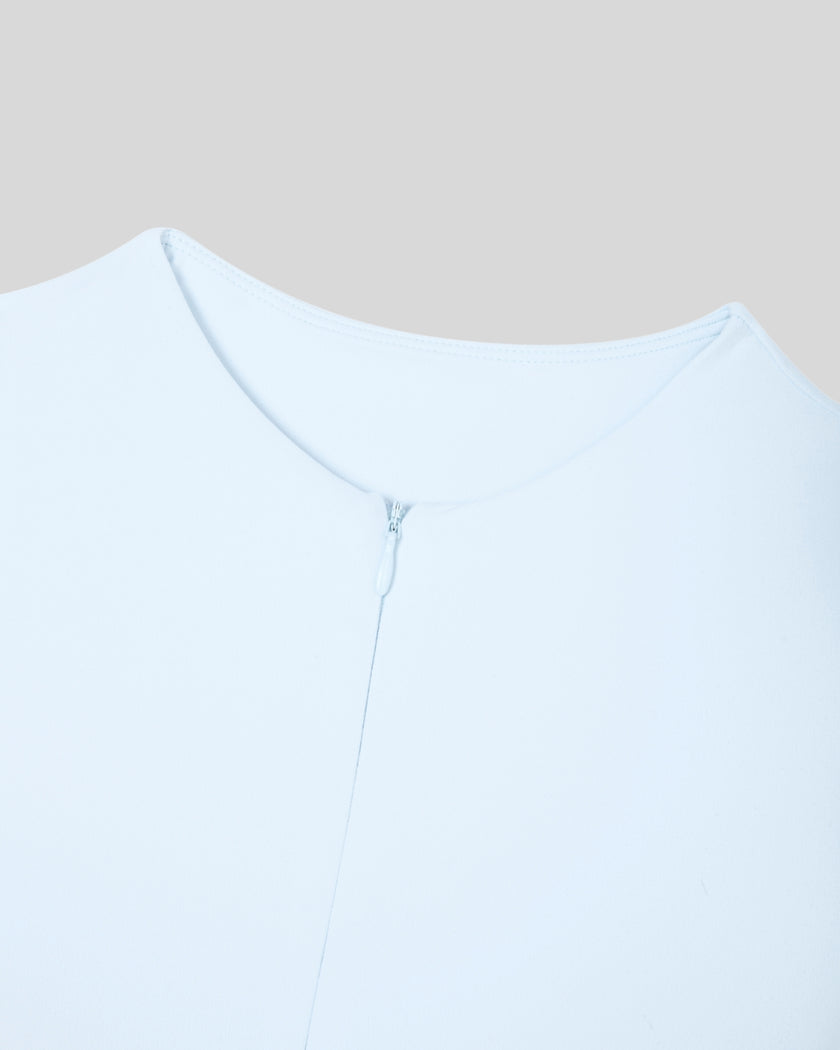 Athlesi CourtClub Full-Zip Dress in Water Blue, closeup of round neckline and full-length front zipper.