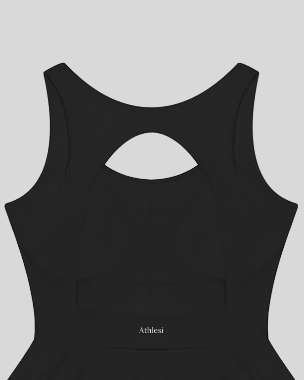 Athlesi CourtClub Open-Back Tennis Dress in Black back view of back design with Athlesi logo on waist.