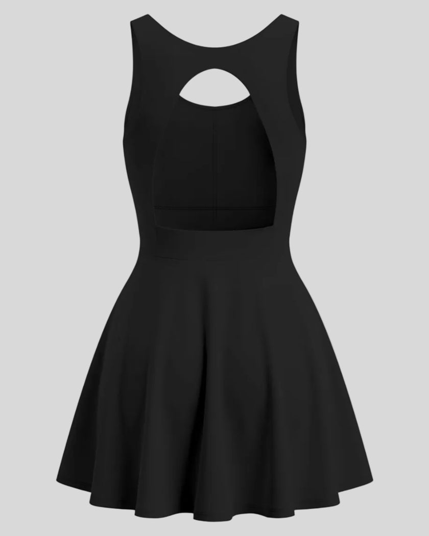 Athlesi CourtClub Open-Back Tennis Dress in Black back view with statement open-back design