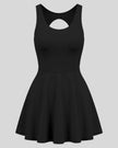 Athlesi CourtClub Open-Back Tennis Dress in Black front view with scoop neckline and flared skirt