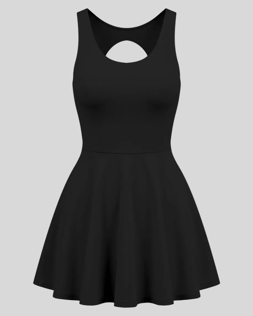 Athlesi CourtClub Open-Back Tennis Dress in Black front view with scoop neckline and flared skirt