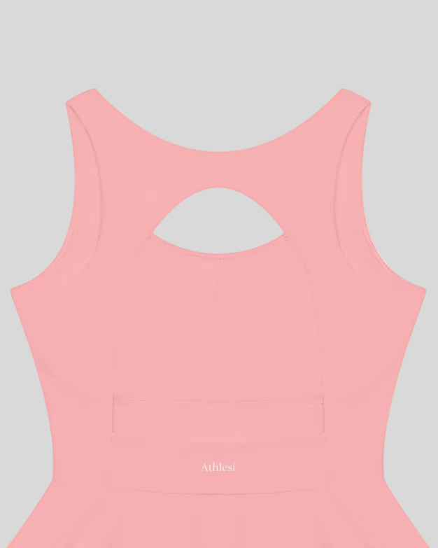 Athlesi CourtClub Open-Back Tennis Dress in Pink back view of back design with Athlesi logo on waist.