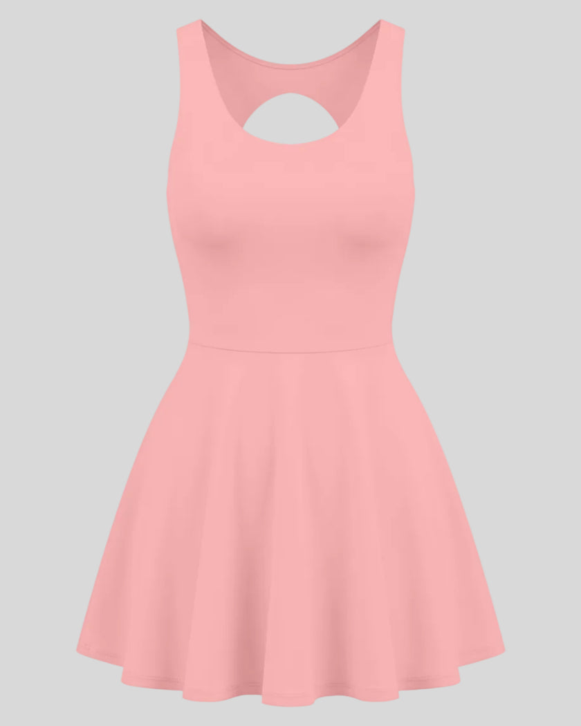 Athlesi CourtClub Open-Back Tennis Dress in Pink front view with scoop neckline and flared skirt