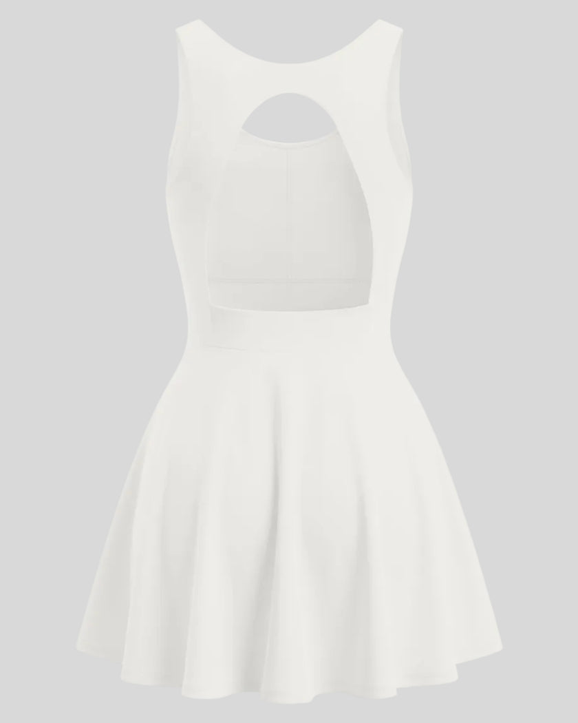 Athlesi CourtClub Open-Back Tennis Dress in White back view with statement open-back design