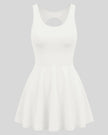 Athlesi CourtClub Open-Back Tennis Dress in White front view with scoop neckline and flared skirt
