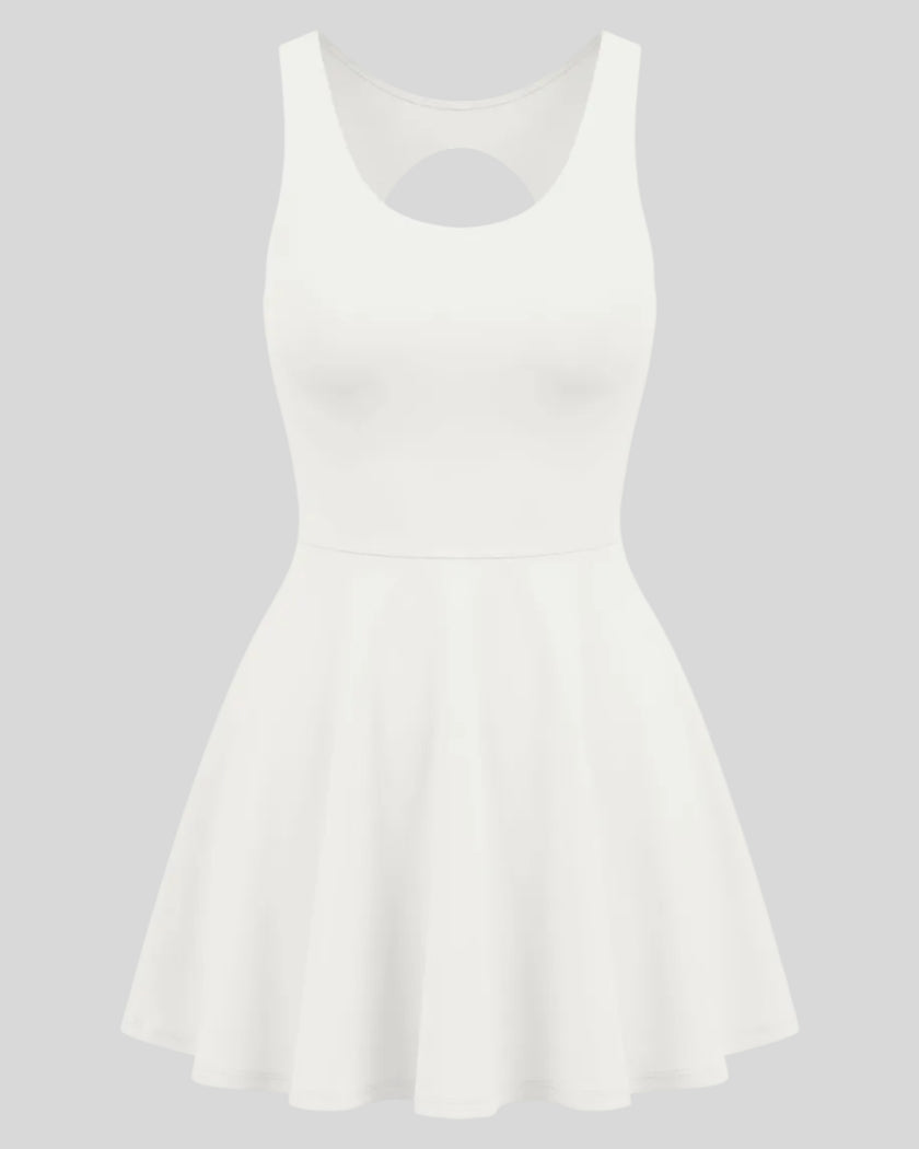 Athlesi CourtClub Open-Back Tennis Dress in White front view with scoop neckline and flared skirt