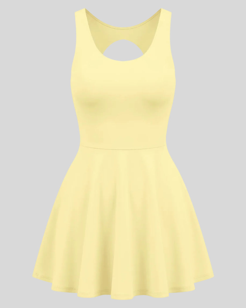 Athlesi CourtClub Open-Back Tennis Dress in Yellow front view with scoop neckline and flared skirt