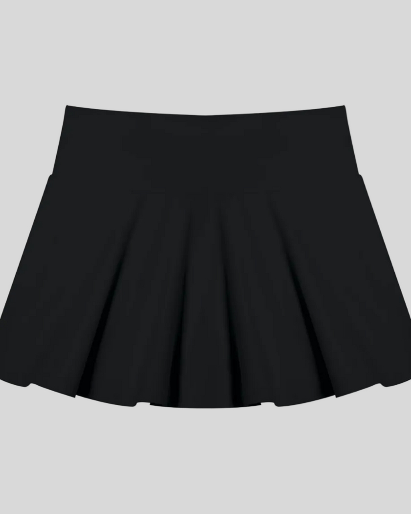 CourtClub Pleated Skirt in Black front view featuring a flattering high-rise waistband and elegant pleated silhouette