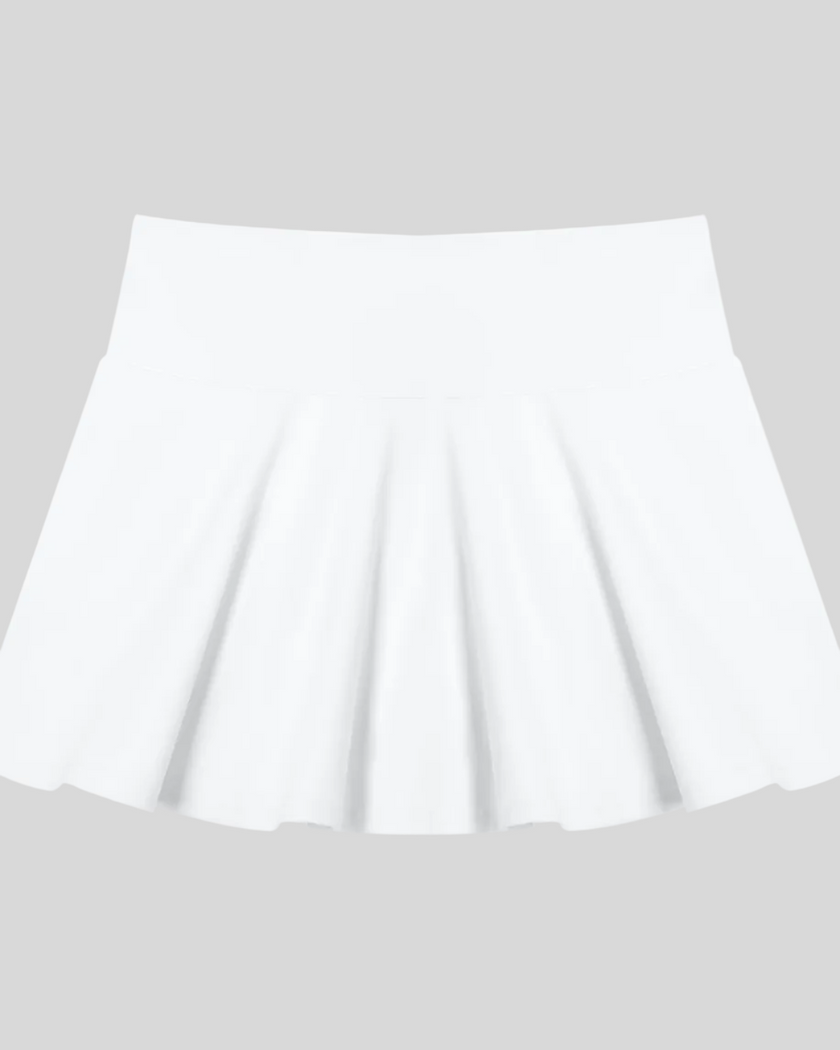 CourtClub Pleated Skirt in White front view featuring a flattering high-rise waistband and elegant pleated silhouette