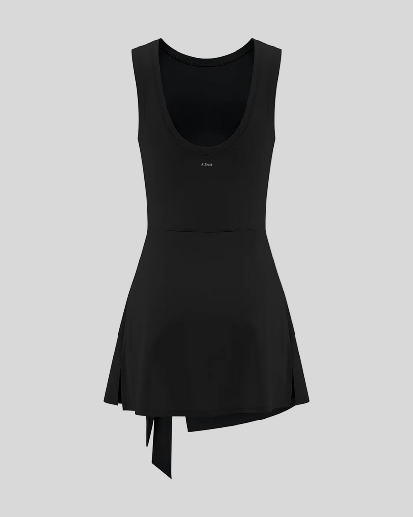 Athlesi CourtClub Tie-Front Dress in Black, back view with scoop neckline and flared skirt.