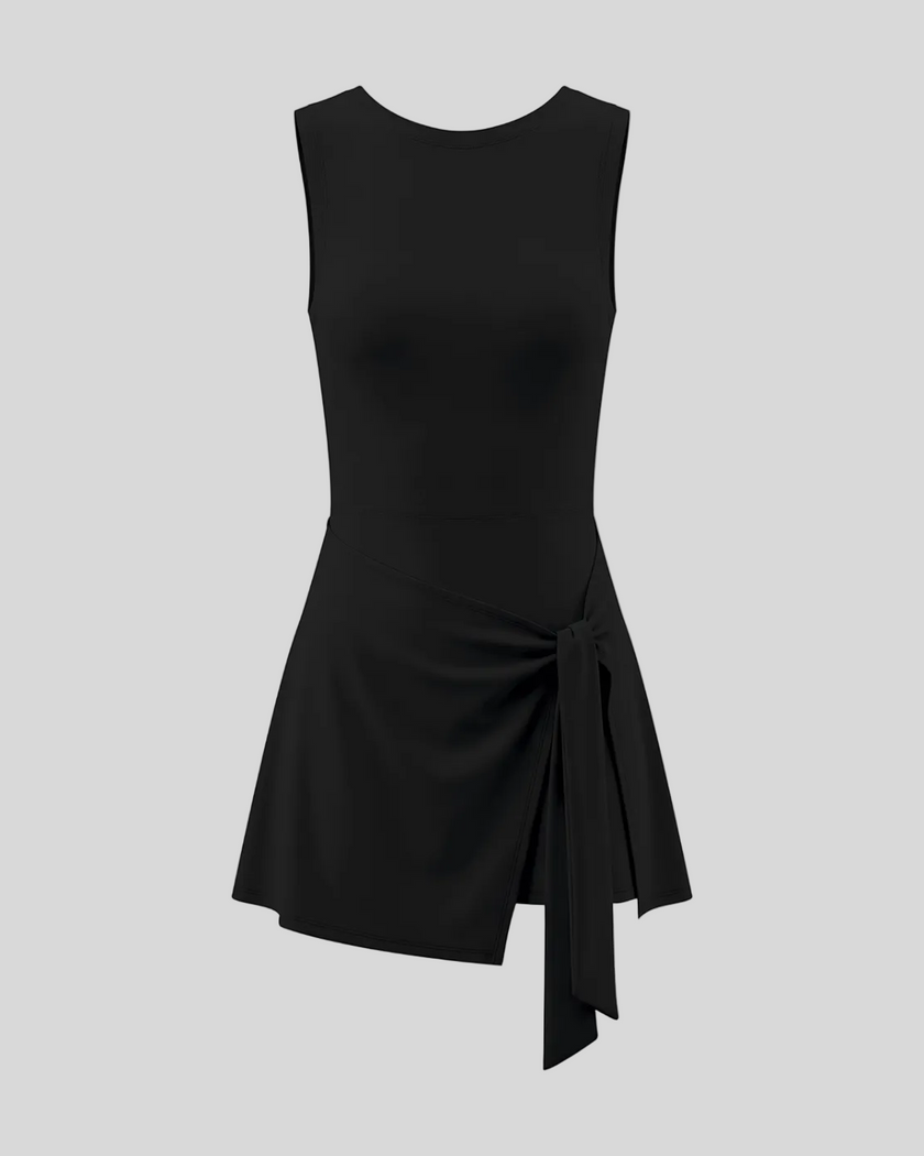 Athlesi CourtClub Tie-Front Dress in Black, front view with asymmetric adjustable tie and flared skirt.