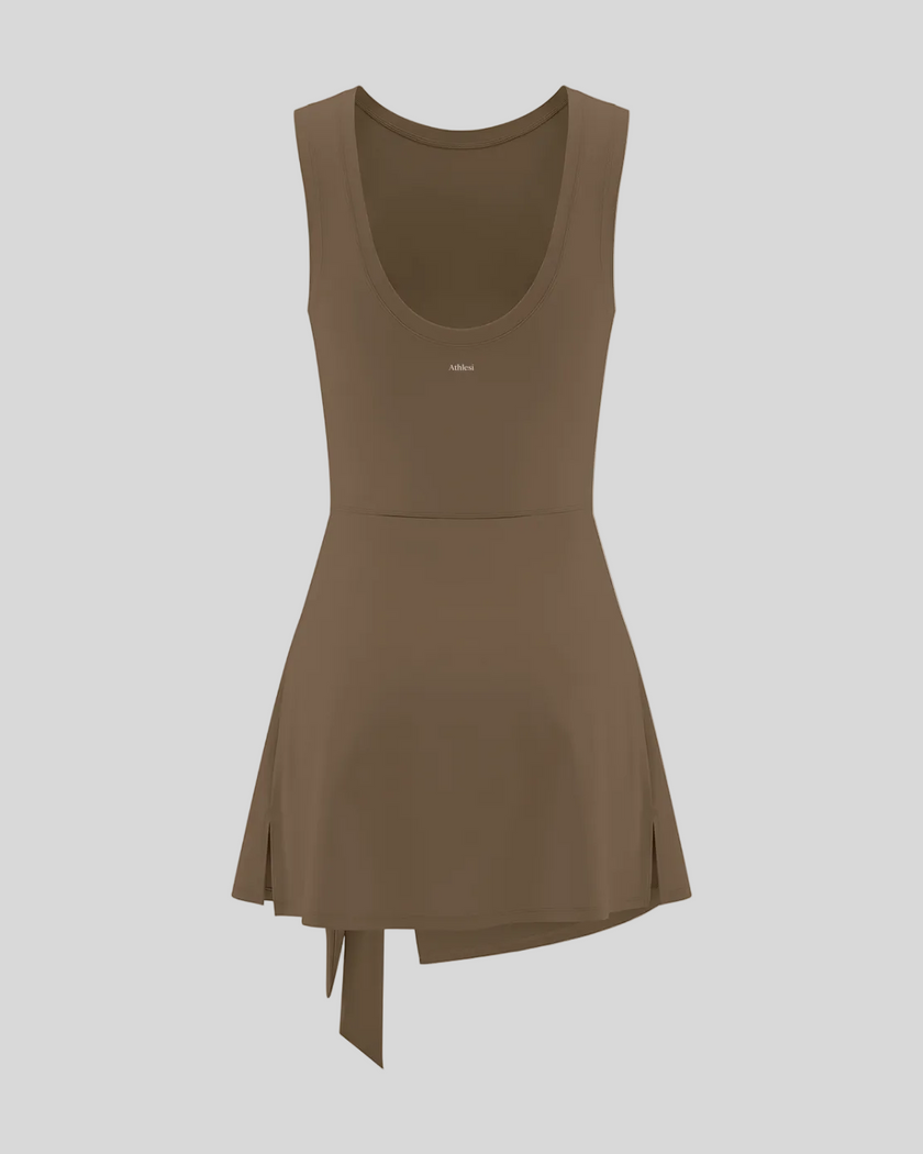 Athlesi CourtClub Tie-Front Dress in Coffee, back view with scoop neckline and flared skirt.