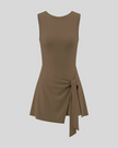 Athlesi CourtClub Tie-Front Dress in Coffee, front view with asymmetric adjustable tie and flared skirt.