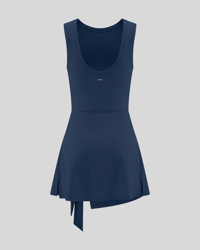 Athlesi CourtClub Tie-Front Dress in Navy Blue, back view with scoop neckline and flared skirt.