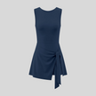 Athlesi CourtClub Tie-Front Dress in Navy Blue, front view with asymmetric adjustable tie and flared skirt.