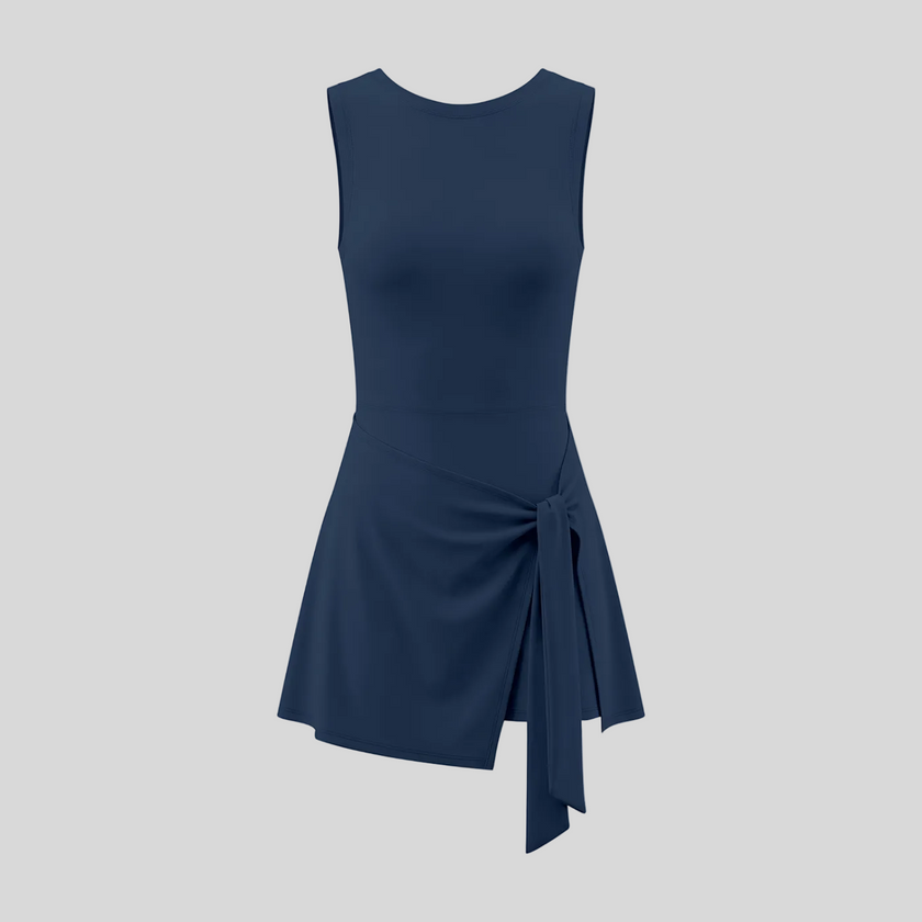 Athlesi CourtClub Tie-Front Dress in Navy Blue, front view with asymmetric adjustable tie and flared skirt.
