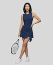 Woman wearing the Athlesi CourtClub Tie-Front Dress in Navy Blue, full-body front view.