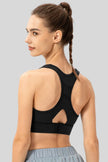 Back view of Athlesi CourtEase sports bra showing racerback cutout design in black