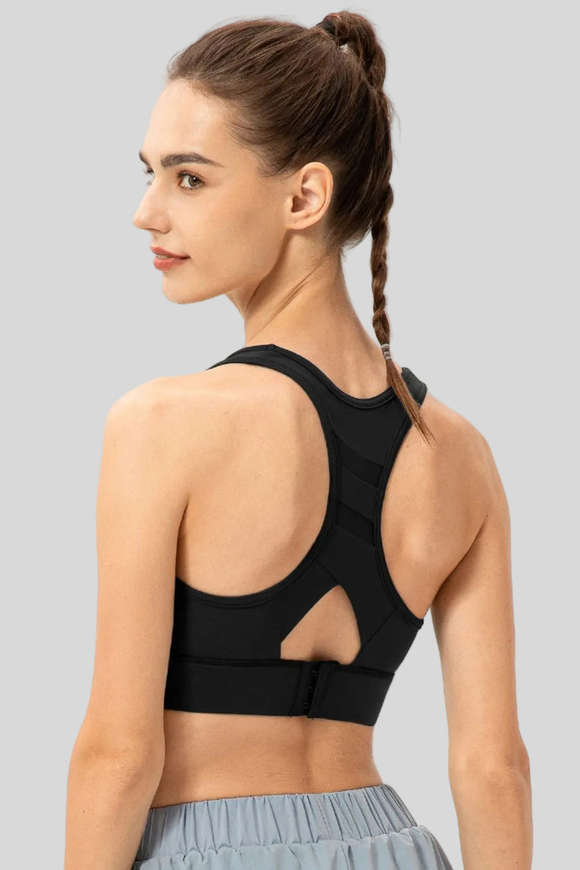 Back view of Athlesi CourtEase sports bra showing racerback cutout design in black