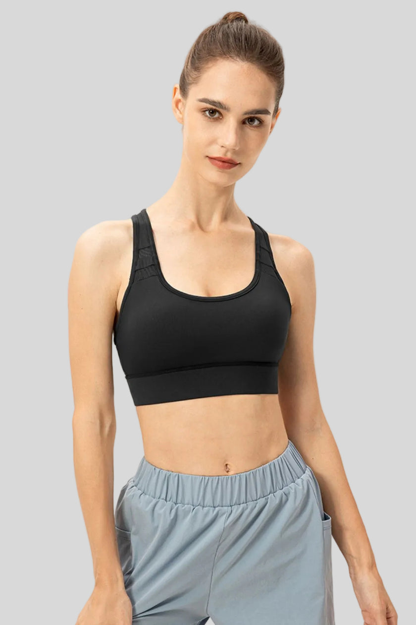 Athlesi CourtEase longline sports bra in black, front view