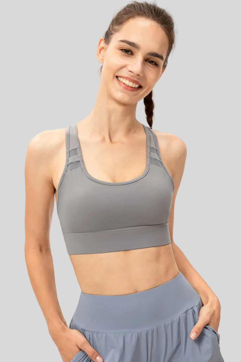 Athlesi CourtEase longline sports bra in light gray, front view