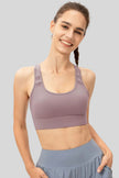 Front angle view of Athlesi CourtEase longline sports bra in mauve