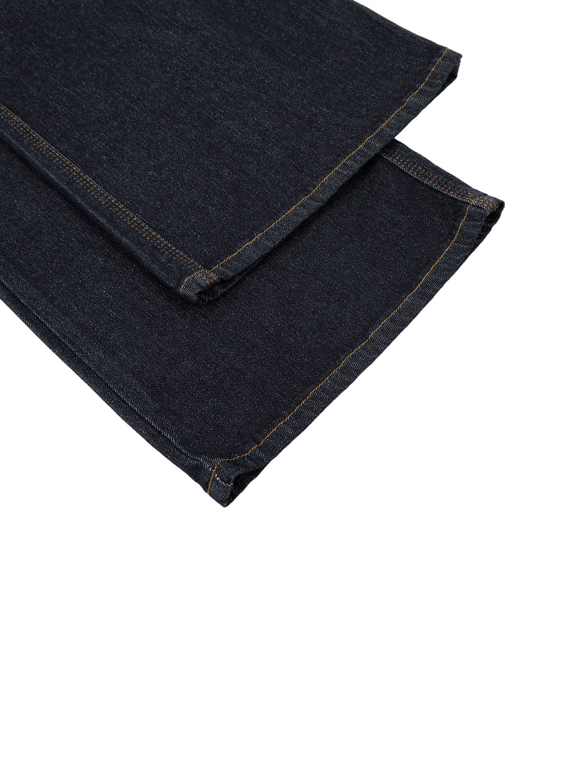 Hem detail of DenimEase Straight-Leg Jeans in Navy Blue