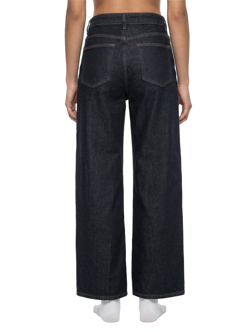 Model wearing DenimEase Straight-Leg Jeans in Navy Blue back view