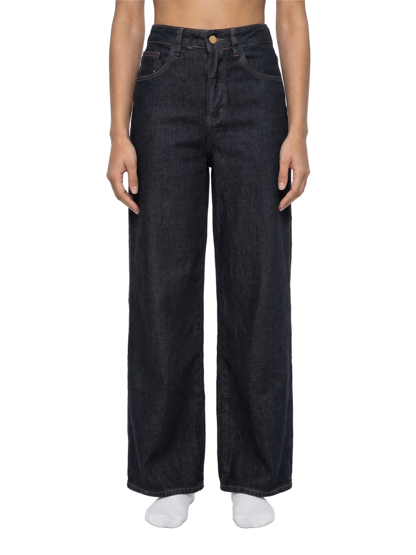 Model wearing DenimEase Straight-Leg Jeans in Navy Blue front view