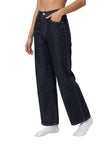 Model wearing DenimEase Straight-Leg Jeans in Navy Blue side angle view