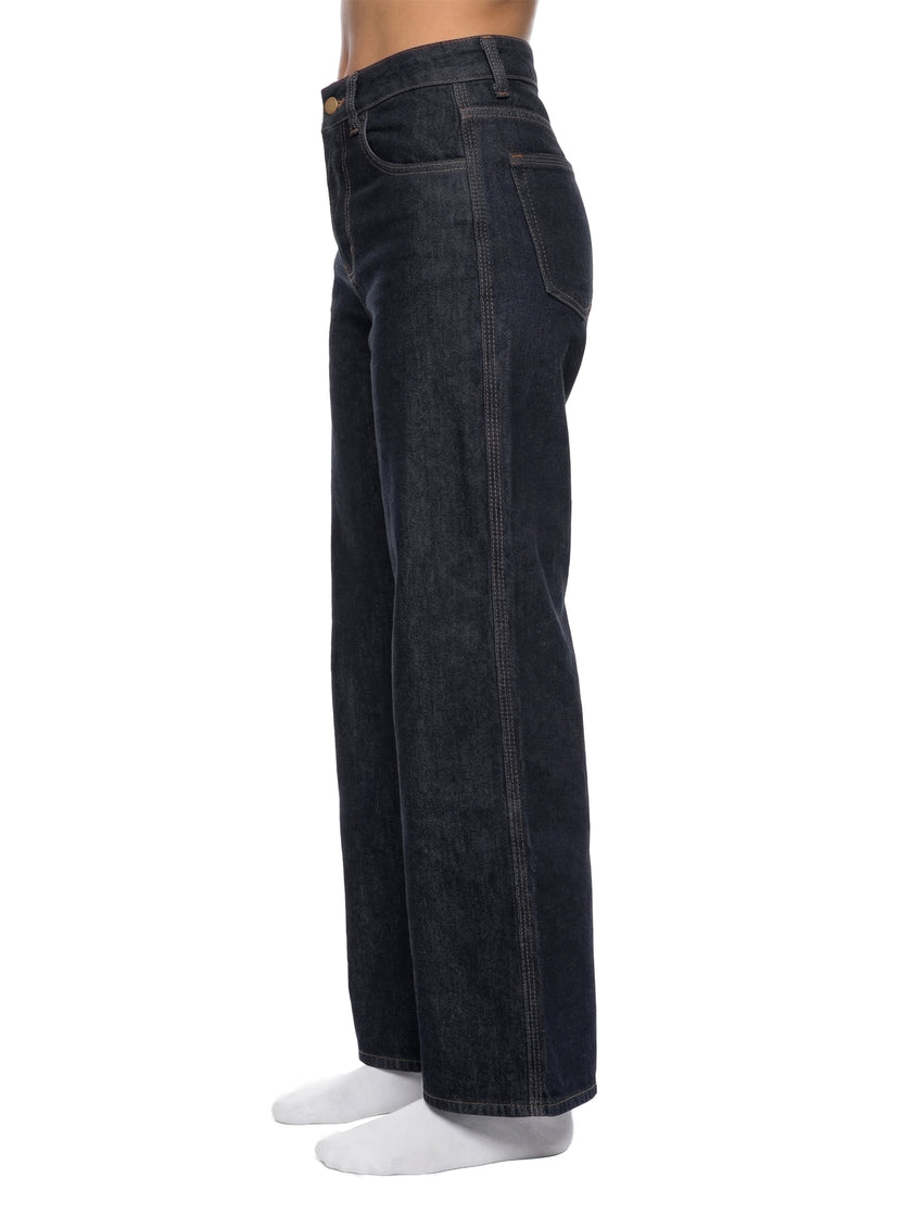 Model wearing DenimEase Straight-Leg Jeans in Navy Blue side view