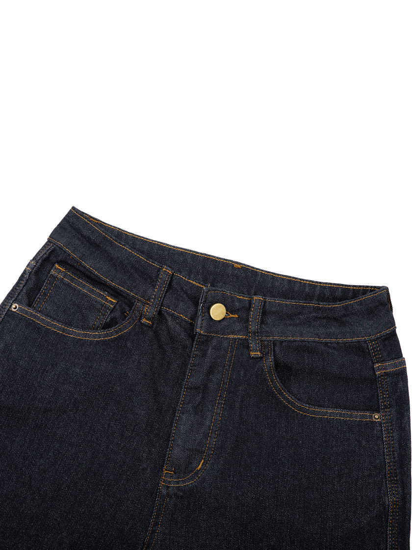 Front waistband detail of DenimEase Straight-Leg Jeans in Navy Blue
