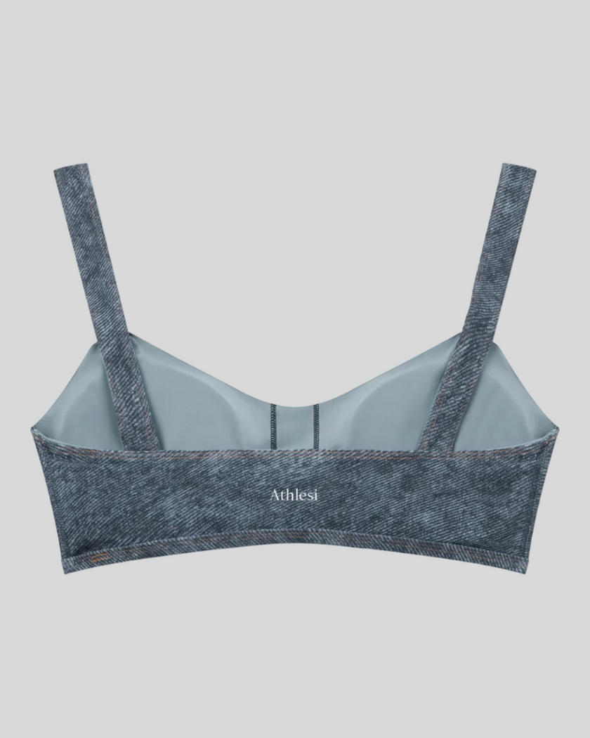 Back view of DenimForm Sculpt Bra in jeans blue flatlay