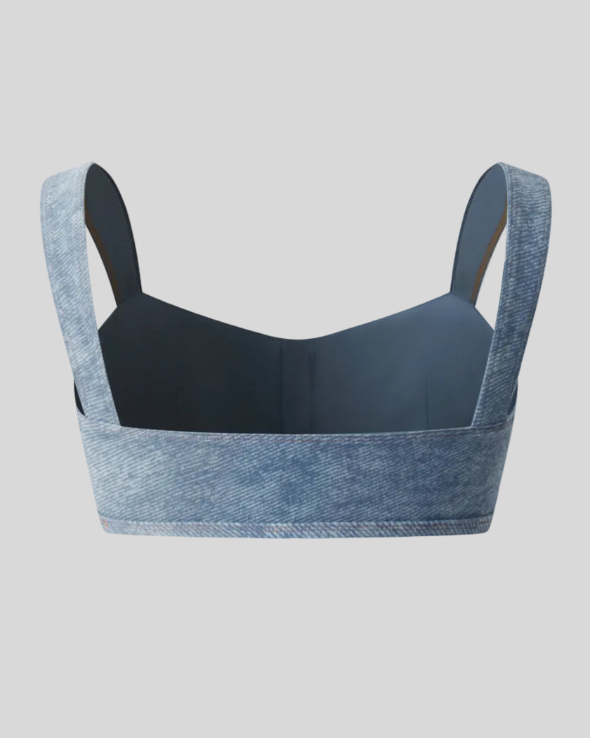 3D back view of DenimForm Sculpt Bra with clean silhouette