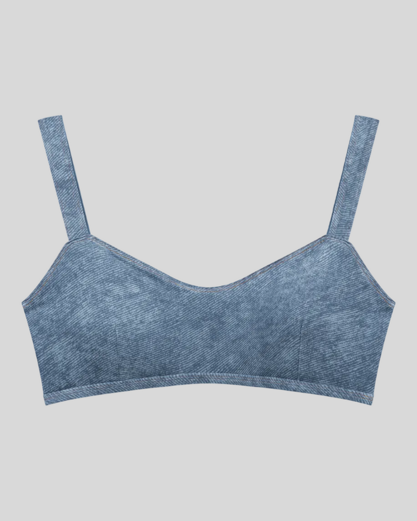 DenimForm Sculpt Bra in light blue faux denim front flatlay view