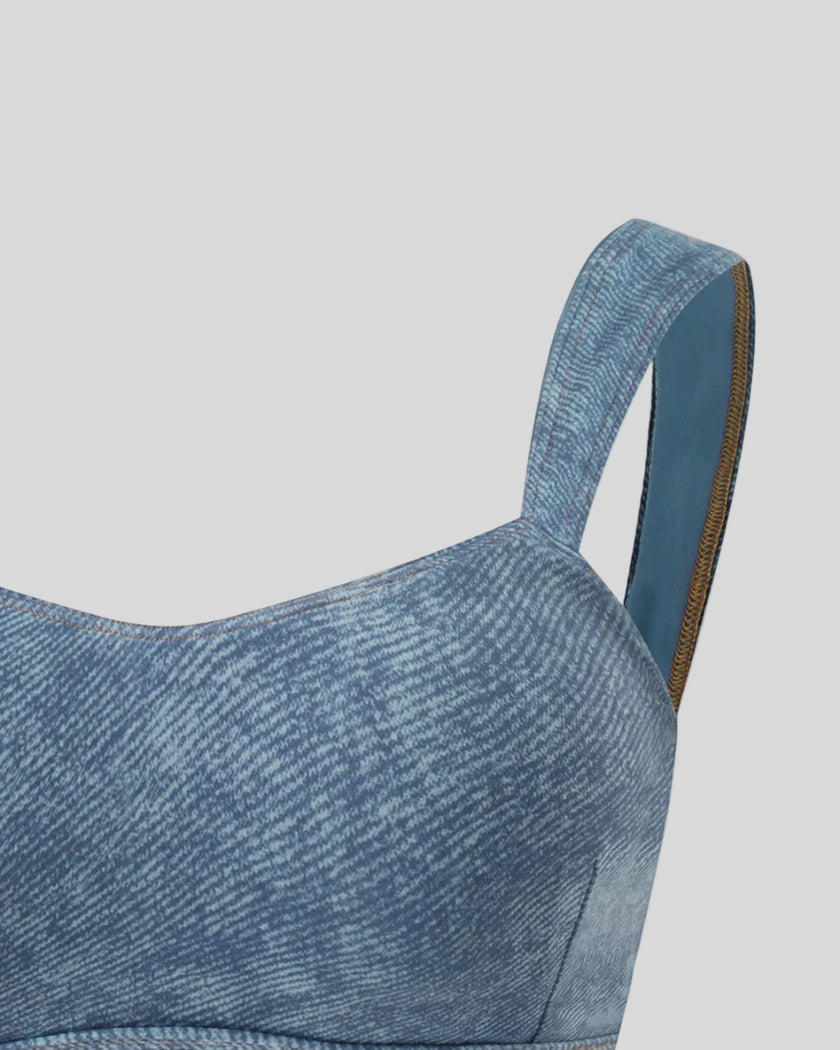 Close-up of front neckline and denim texture of DenimForm Sculpt Bra