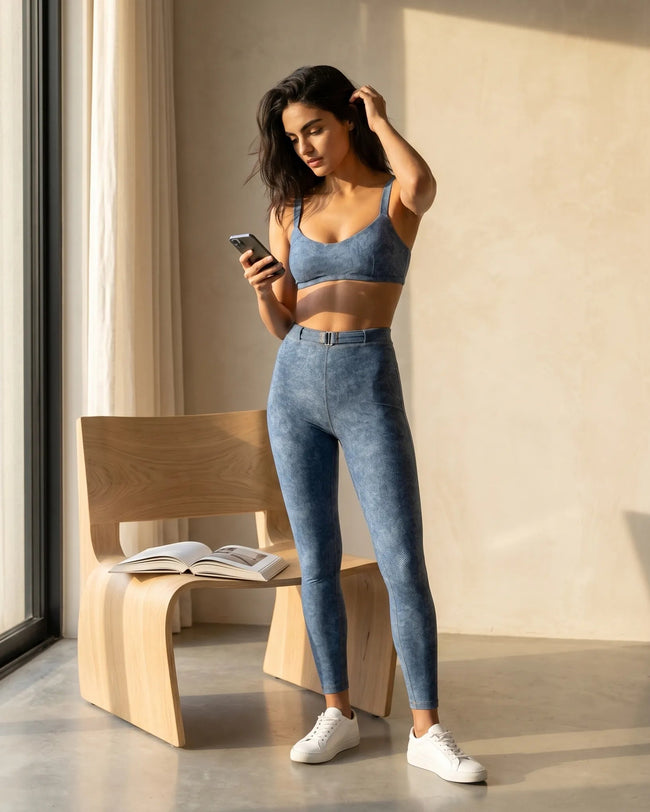 Full body front view of model wearing DenimForm Sculpt Bra with matching leggings