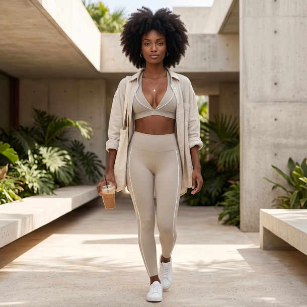 A woman walking outdoors in a modern concrete walkway wearing a Light Apricot TrackLine Riviera set consisting of a sports bra, leggings, and an open lightweight overshirt, holding a drink.