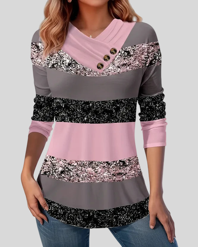 DrapeAccent colorblock top in carnation pink front view with draped neckline and button detail