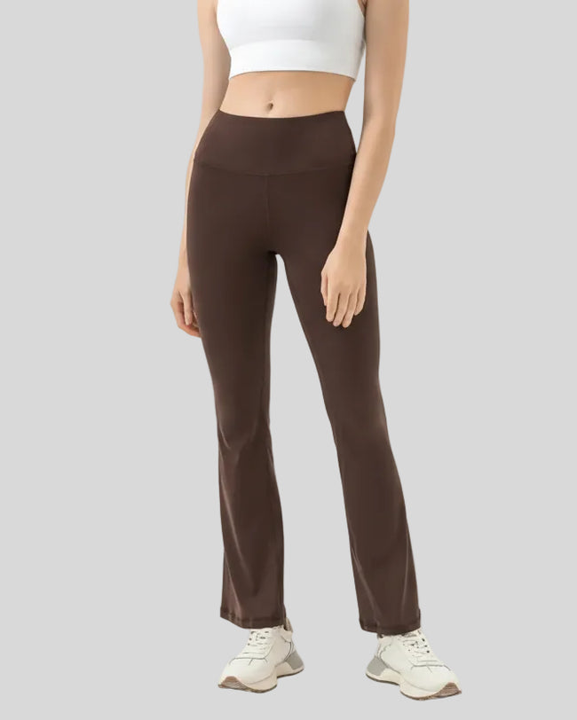 EarthFlow Lounge Flare Pant in chocolate, front view with high-waist flare silhouette