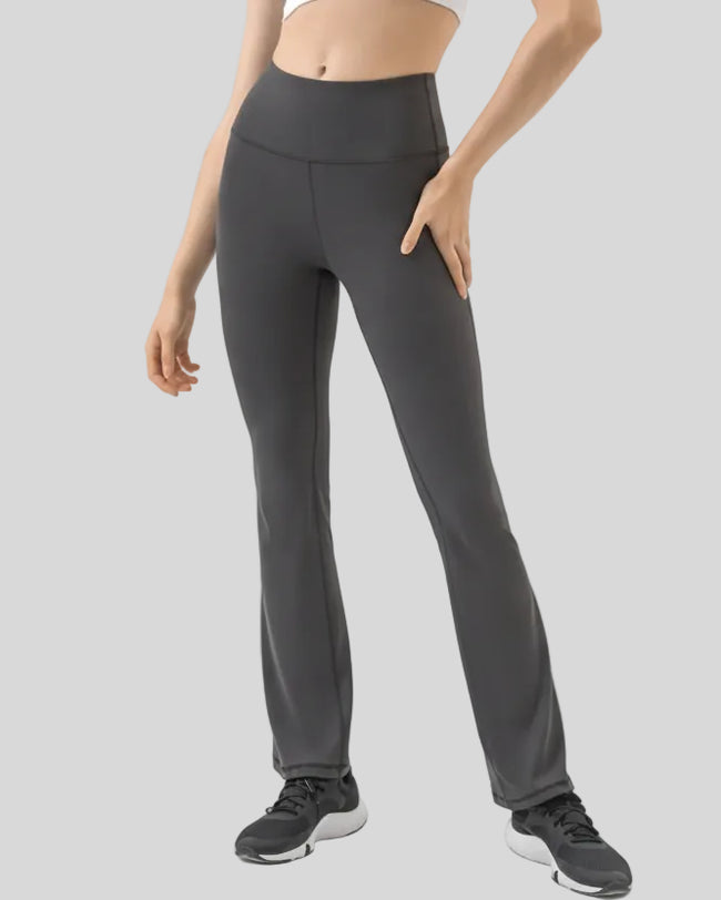 EarthFlow Lounge Flare Pant in dark gray, front view with high-waist flare silhouette