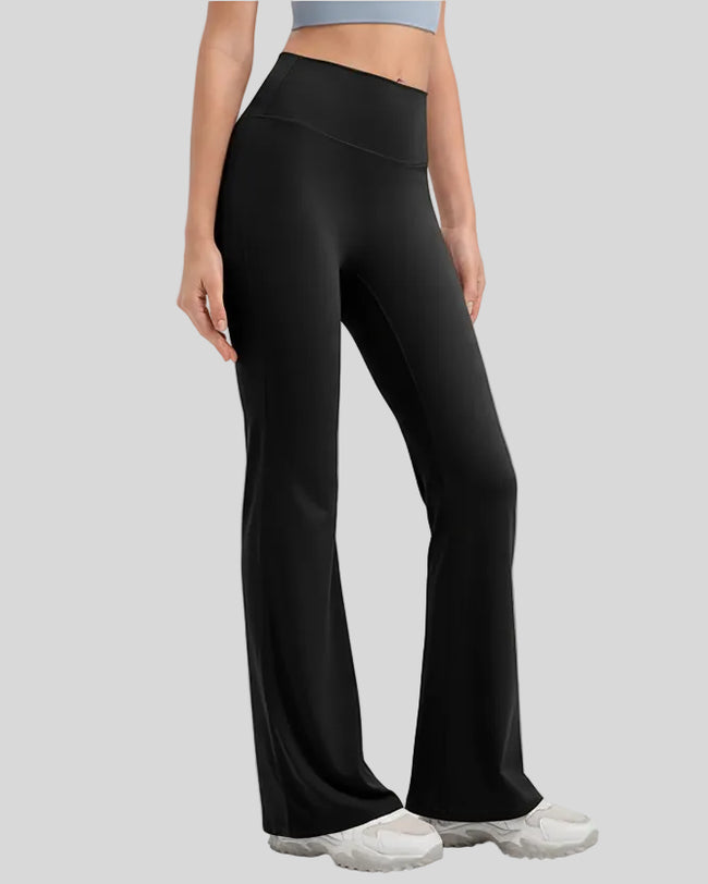 EarthFlow Sculpt Flare Pant in black, front angle showing sculpted waist and flared leg