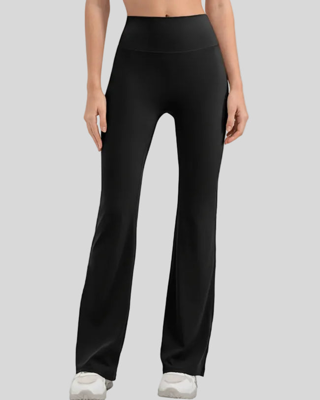 EarthFlow Sculpt Flare Pant in black, front view with high-waist flare silhouette