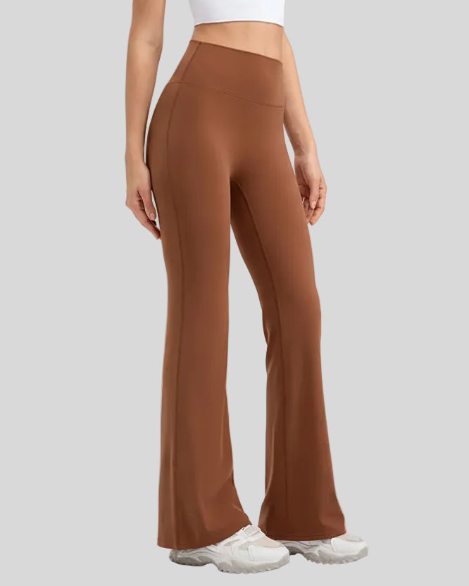 EarthFlow Sculpt Flare Pant in caramel, front angle showing sculpted waist and flared leg
