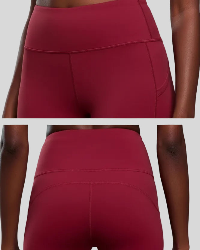Close-up detail of EarthFlow Studio Flare Pant in burgundy highlighting fabric and finish