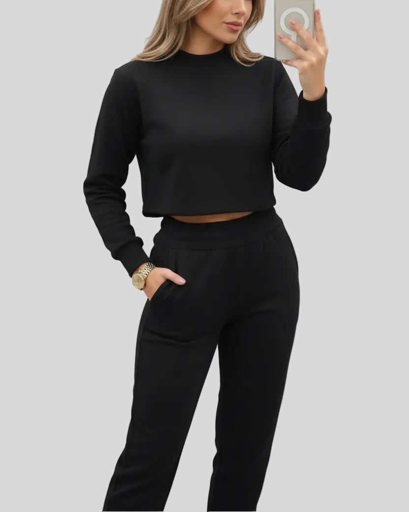 Black Athlesi EaseForm jogger set cropped sweatshirt and joggers front view
